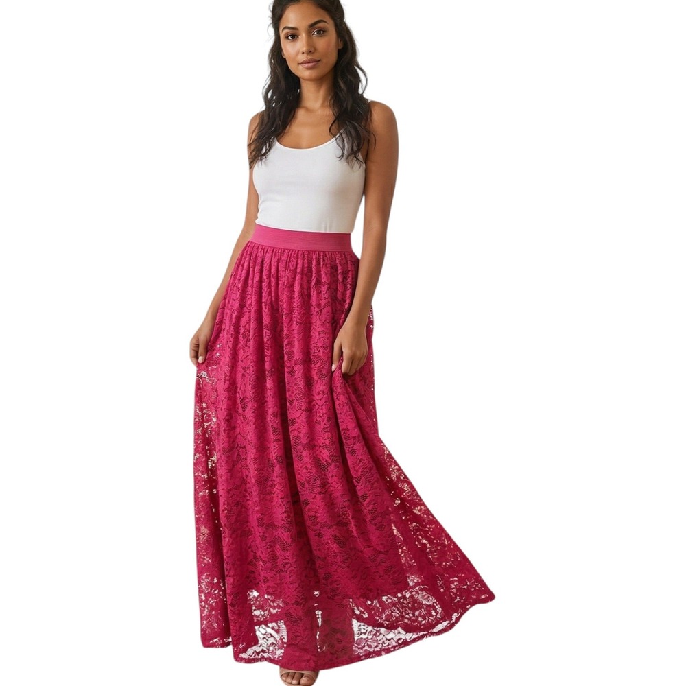 LAFFAIRE Los Angeles Magenta Pink Floral Lace Maxi Skirt Size Small $108